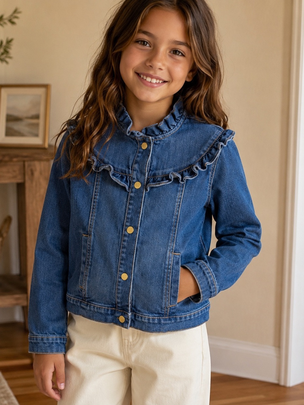 Jack Denim Girls Ruffle Denim Jacket Size 10-12 Blue Snap Front
